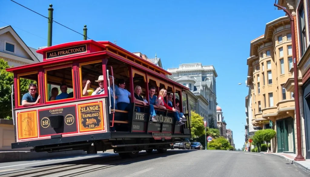 San Francisco's iconic cable cars climbing a steep hill with passengers enjoying the ride San Francisco's iconic cable cars climbing a steep hill with passengers enjoying the ride