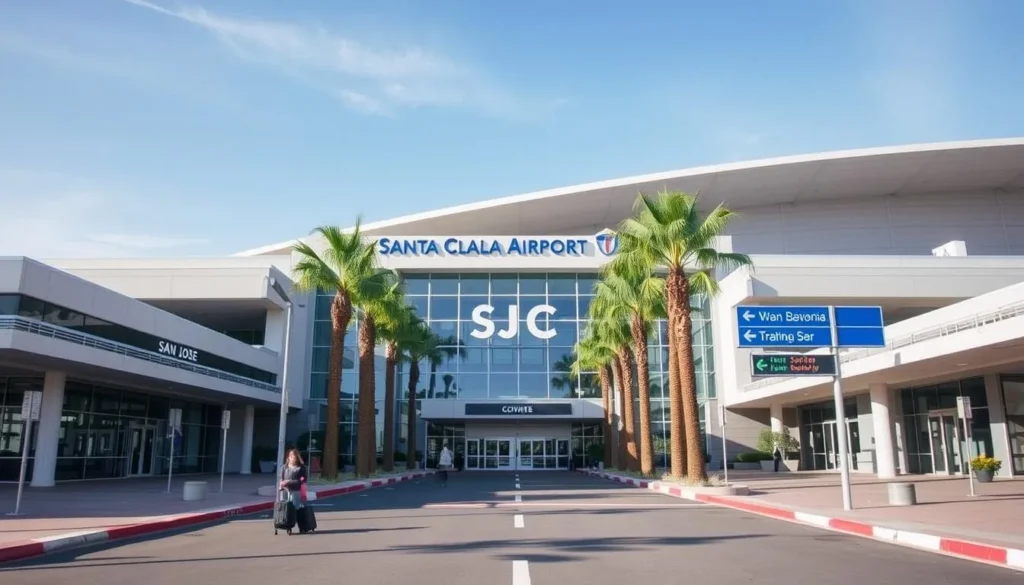 San Jose International Airport entrance with palm trees and modern architecture in Santa Clara County San Jose International Airport entrance with palm trees and modern architecture in Santa Clara County