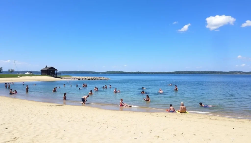 Sandy beach area at Barren River Lake with families enjoying swimming and sunbathing Sandy beach area at Barren River Lake with families enjoying swimming and sunbathing