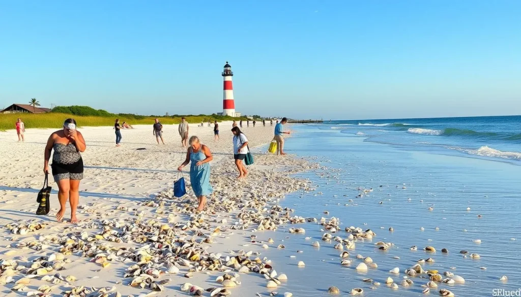 Sanibel Island beach scene with people shelling and a lighthouse in the background