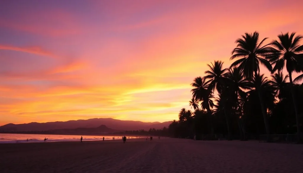 Santa Barbara beach scene with palm trees and mountains in the background during golden hour Santa Barbara beach scene with palm trees and mountains in the background during golden hour