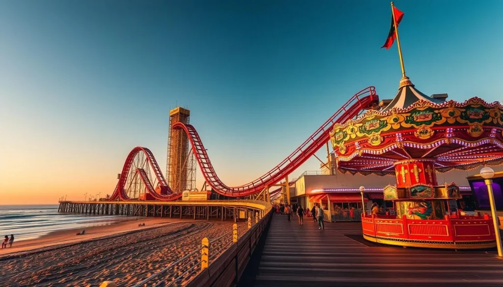 Santa Cruz Beach Boardwalk with the Giant Dipper roller coaster and colorful rides along the beach at sunset Santa Cruz Beach Boardwalk with the Giant Dipper roller coaster and colorful rides along the beach at sunset