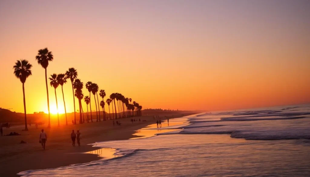 Santa Monica beach in Los Angeles County California during sunset with people enjoying the best things to do