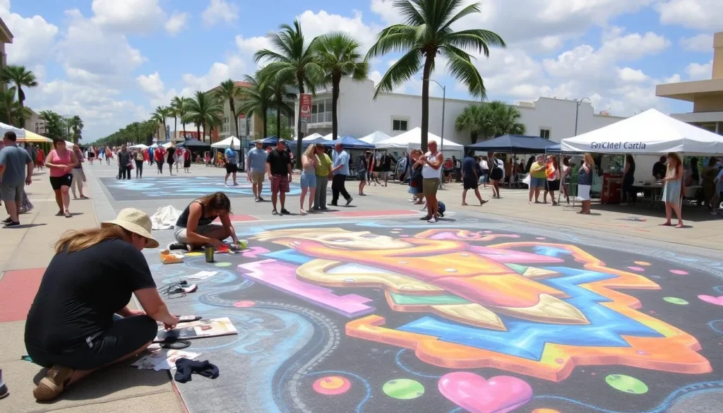 Sarasota Chalk Festival with artists creating 3D street art and crowds admiring the work
