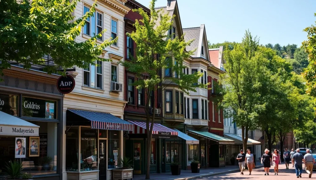 Saratoga Springs downtown with historic architecture, shops, and outdoor dining Saratoga Springs downtown with historic architecture, shops, and outdoor dining