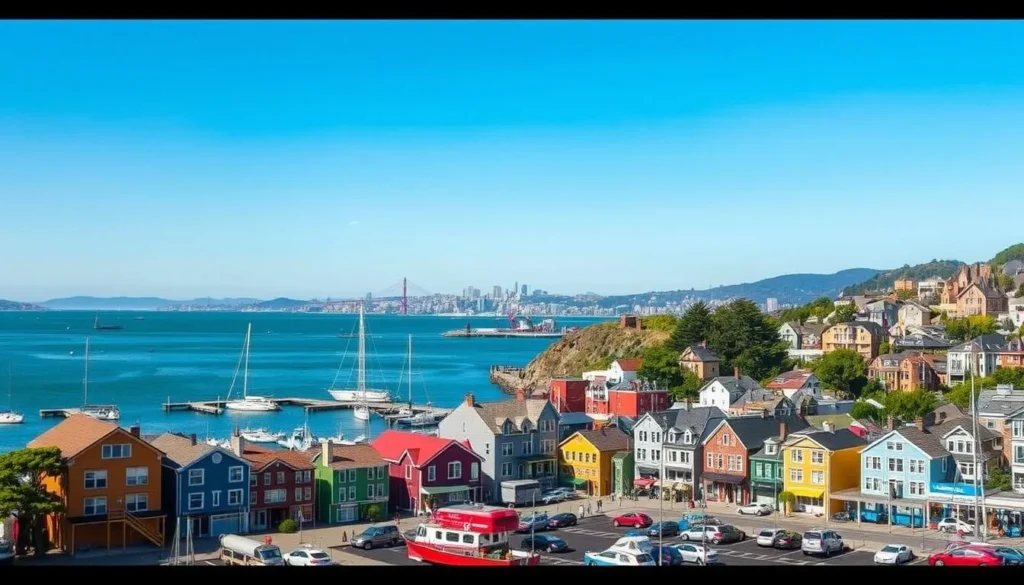 Sausalito waterfront with colorful buildings, boats in the harbor, and San Francisco skyline in the background Sausalito waterfront with colorful buildings, boats in the harbor, and San Francisco skyline in the background