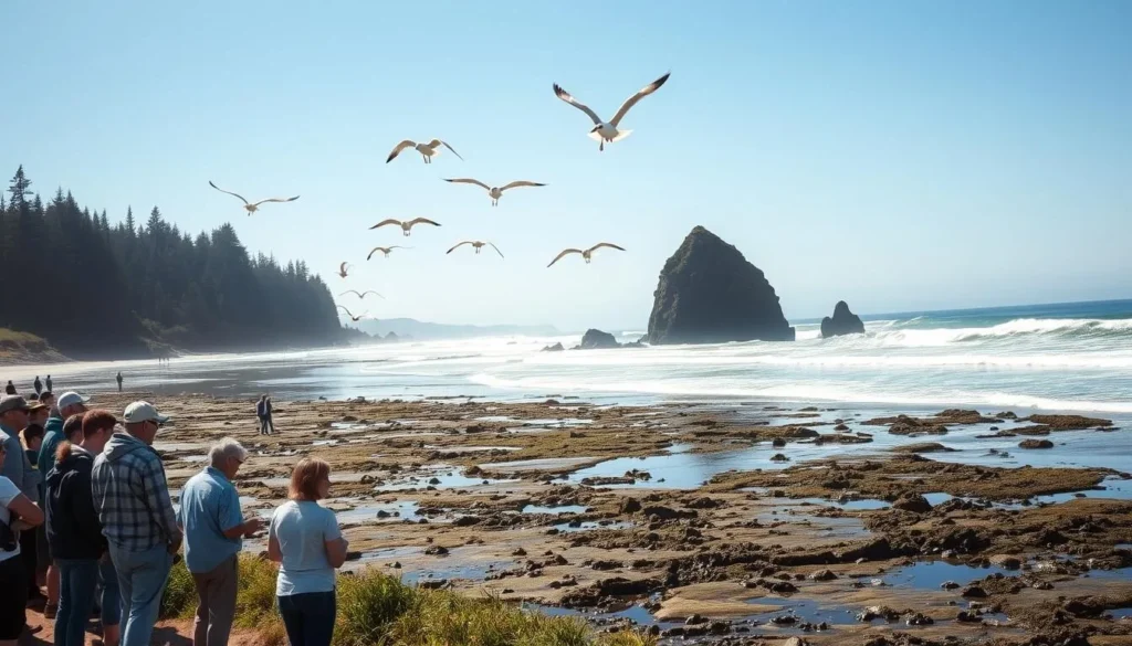 Scenic Cannon Beach, Oregon coastline on a sunny day. In the foreground, a group of wildlife enthusiasts observing a flock of seagulls soaring gracefully above the crashing waves. The middle ground features towering Haystack Rock, a signature landmark, surrounded by tidepools teeming with diverse marine life. In the background, lush evergreen forests line the shore, creating a picturesque natural setting. Capture this serene coastal scene with a wide-angle lens, showcasing the harmonious coexistence of humans and wildlife in this breathtaking Oregon destination.
