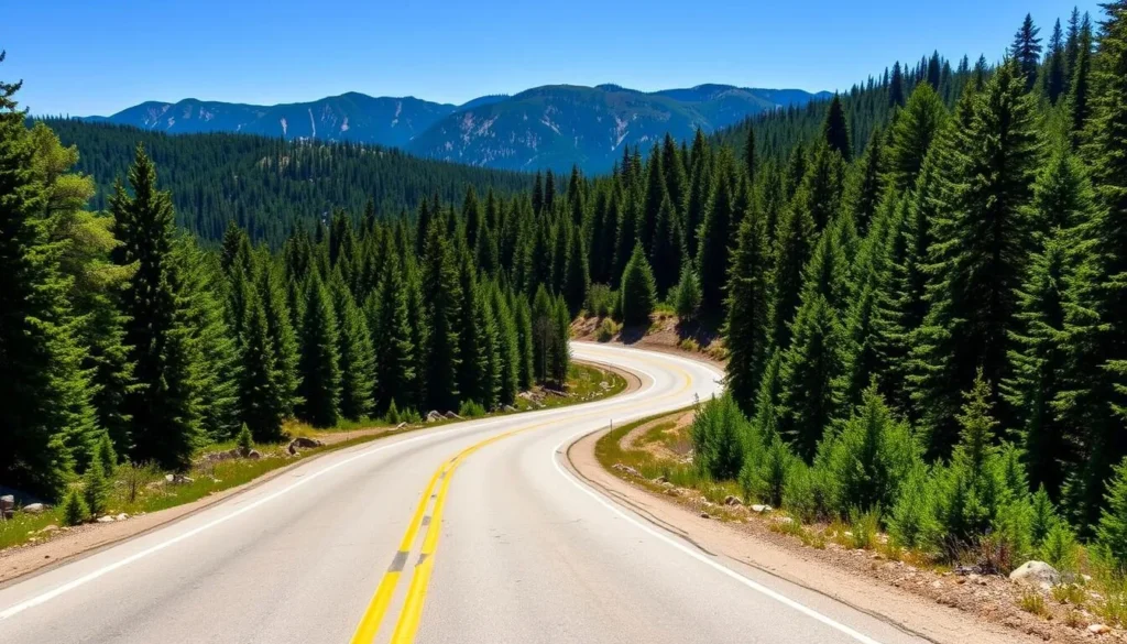 Scenic Highway 299 winding through Trinity County California mountains with forest views