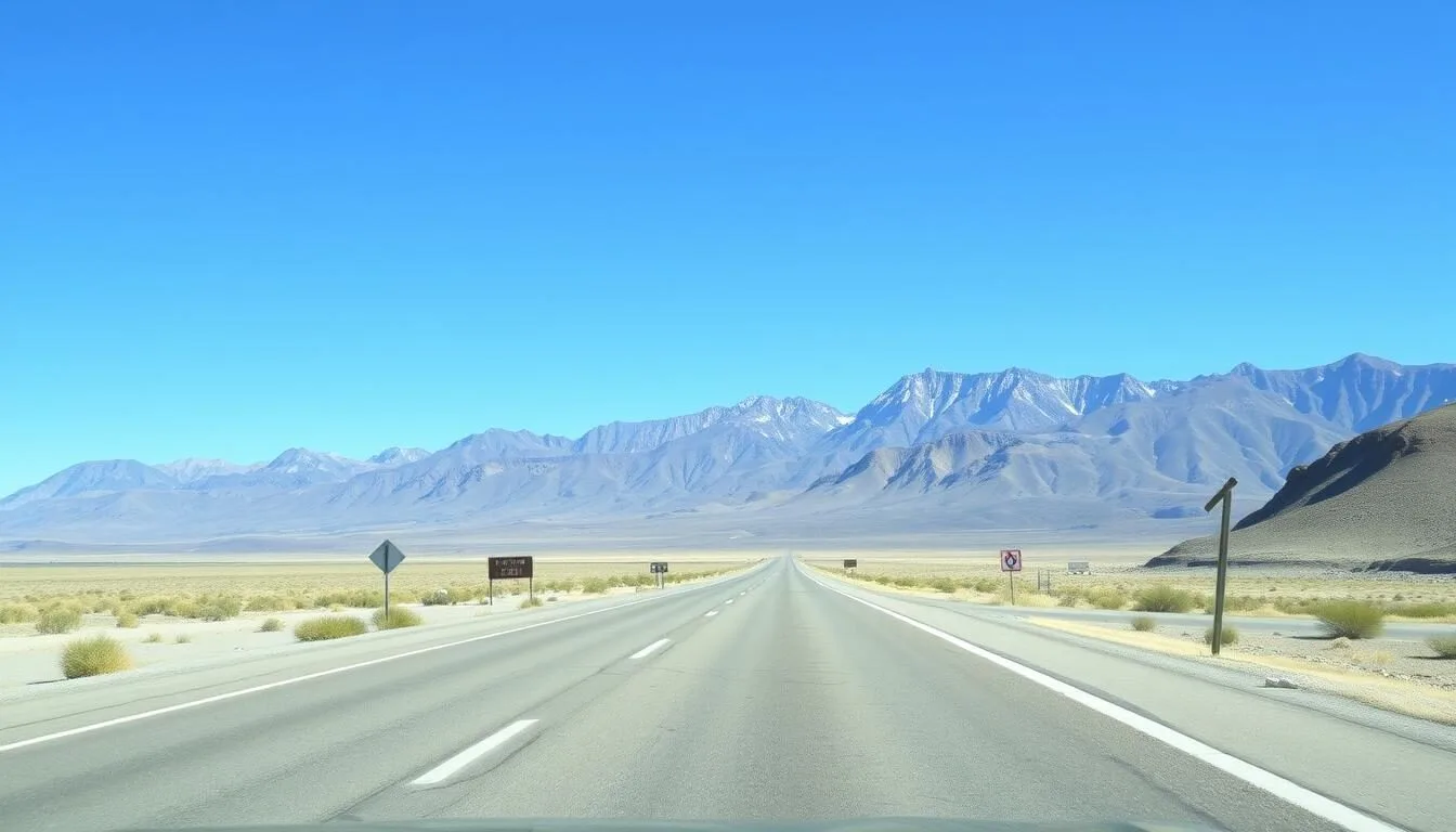 Scenic Highway 395 running through Mono County with mountains in the background