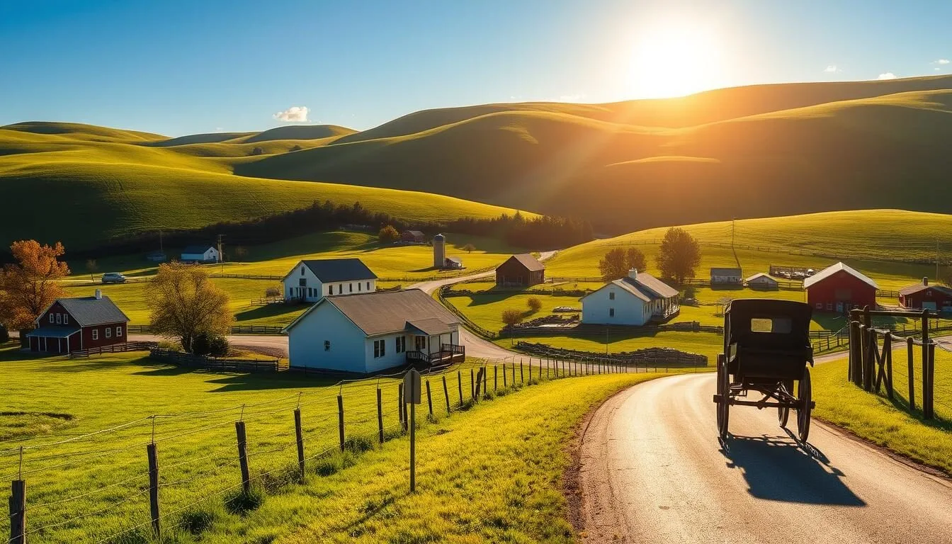 Scenic Lancaster, Pennsylvania countryside with rolling hills and Amish farms on a beautiful sunny day