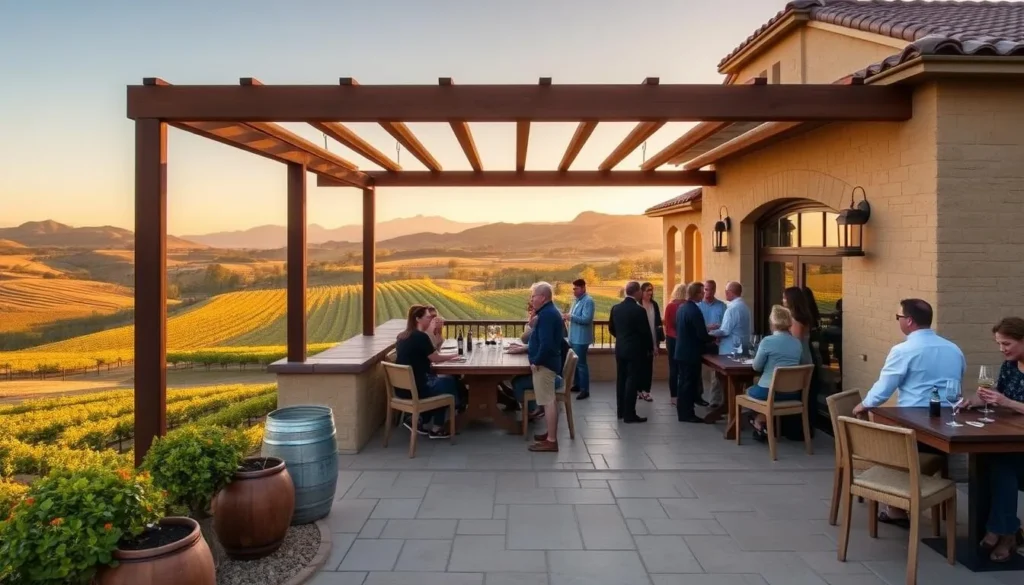 Scenic Paso Robles winery with outdoor tasting area overlooking vineyards and mountains Scenic Paso Robles winery with outdoor tasting area overlooking vineyards and mountains