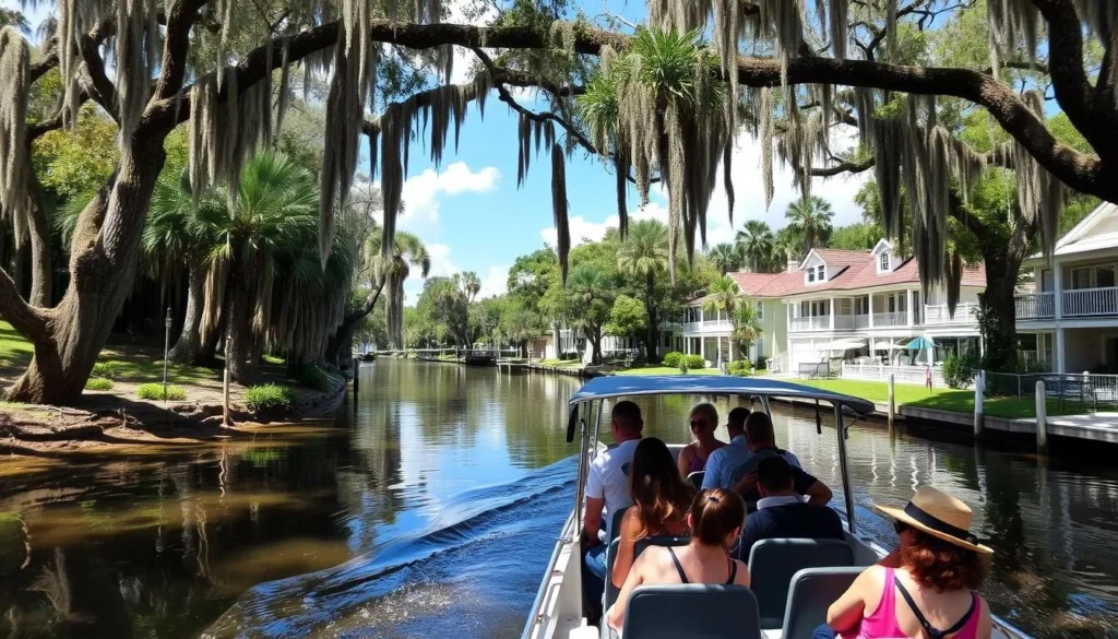 Scenic Winter Park boat tour through canals with lush greenery Scenic Winter Park boat tour through canals with lush greenery
