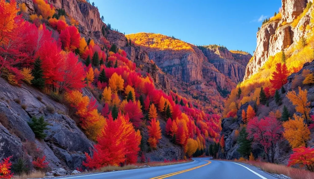 Scenic autumn drive through Spearfish Canyon near Rapid City with vibrant fall foliage Scenic autumn drive through Spearfish Canyon near Rapid City with vibrant fall foliage