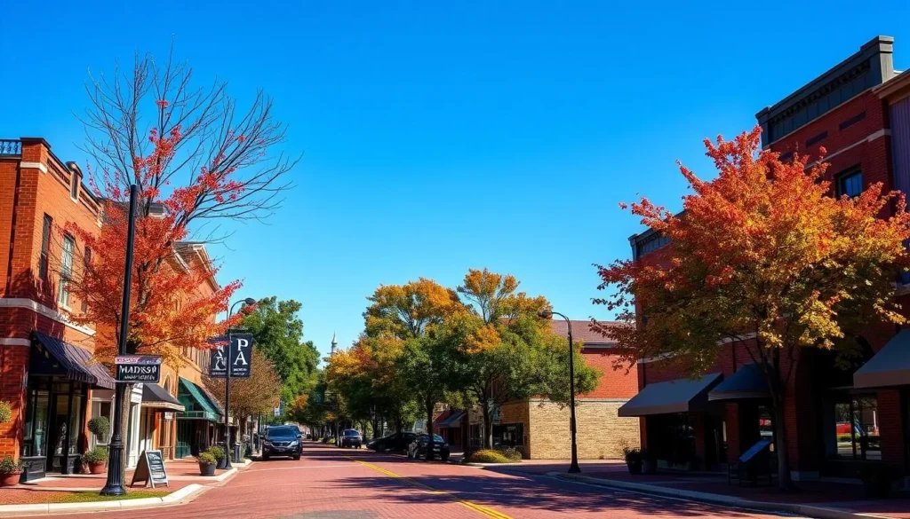 Scenic autumn view of downtown Madison with historic buildings and colorful fall foliage along tree-lined streets Scenic autumn view of downtown Madison with historic buildings and colorful fall foliage along tree-lined streets