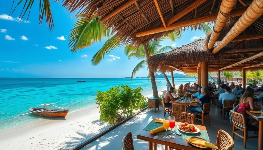 Scenic beachfront dining on the tropical island of Koh Rong Samloem. Open-air restaurants with thatched roofs and bamboo furniture overlooking the crystal-clear turquoise waters of the Gulf of Thailand. Sunlight filters through swaying palm trees, casting a warm glow over al fresco tables set with vibrant local cuisine. Guests savor fresh seafood, Khmer dishes, and refreshing cocktails as they take in the stunning natural beauty of this serene island paradise. Capture the laidback, tranquil ambiance of dining on Koh Rong Samloem.