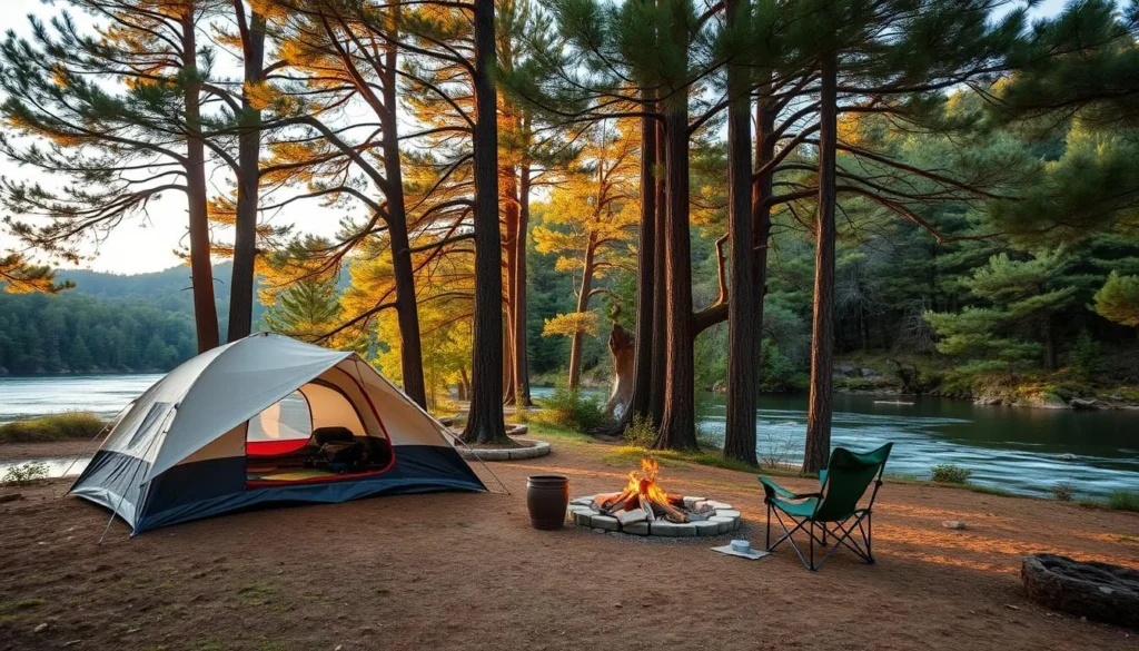 Scenic campsite at Beavers Bend State Park with tent setup near Mountain Fork River Scenic campsite at Beavers Bend State Park with tent setup near Mountain Fork River