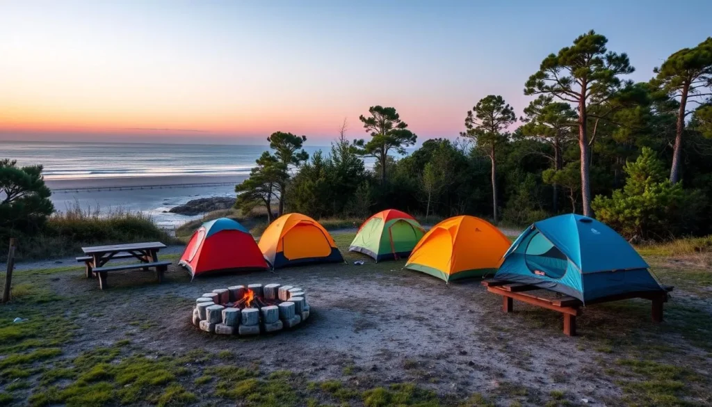 Scenic campsite on Point Island with tents set up near the beach Scenic campsite on Point Island with tents set up near the beach