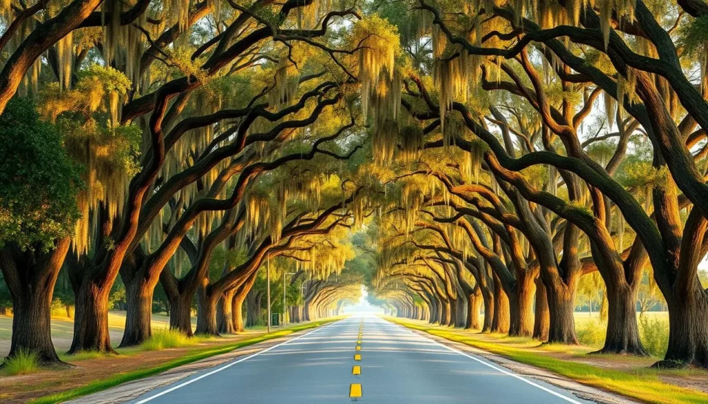 Scenic canopy road in Madison County Florida with oak trees forming a tunnel over a rural highway Scenic canopy road in Madison County Florida with oak trees forming a tunnel over a rural highway