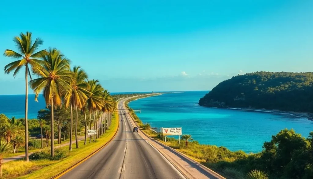 Scenic coastal highway along Citrus County, Florida with palm trees and water views Scenic coastal highway along Citrus County, Florida with palm trees and water views