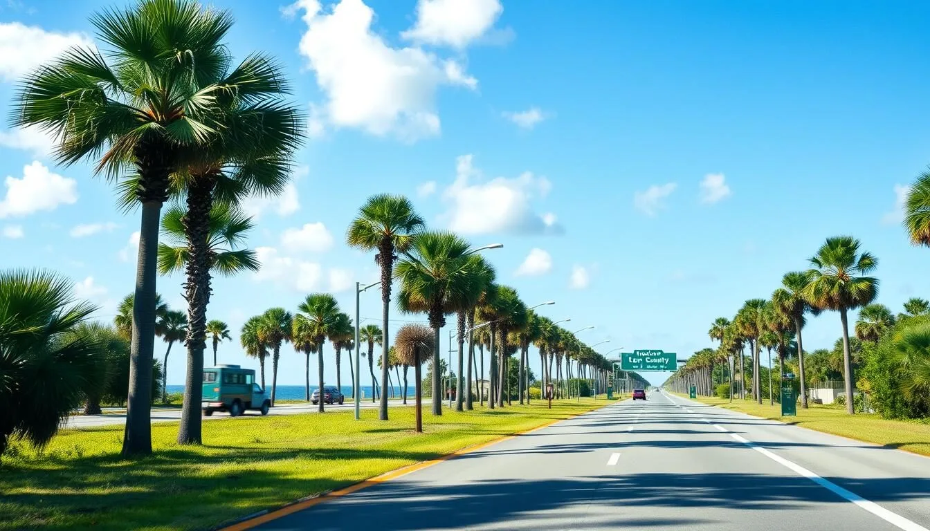 Scenic coastal highway leading into Levy County, Florida with palm trees and blue skies