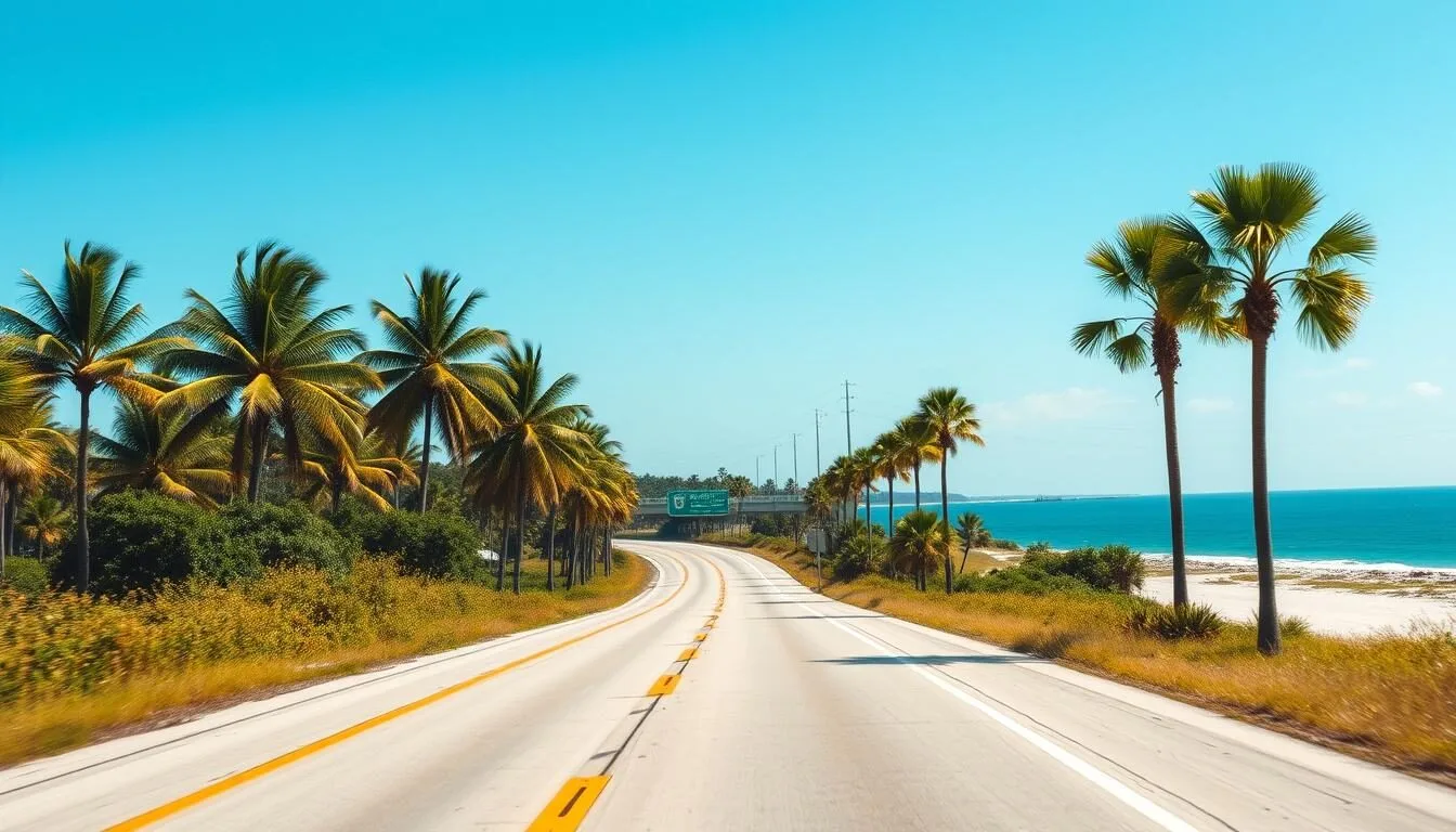 Scenic coastal highway leading to Taylor County Florida with palm trees and water views