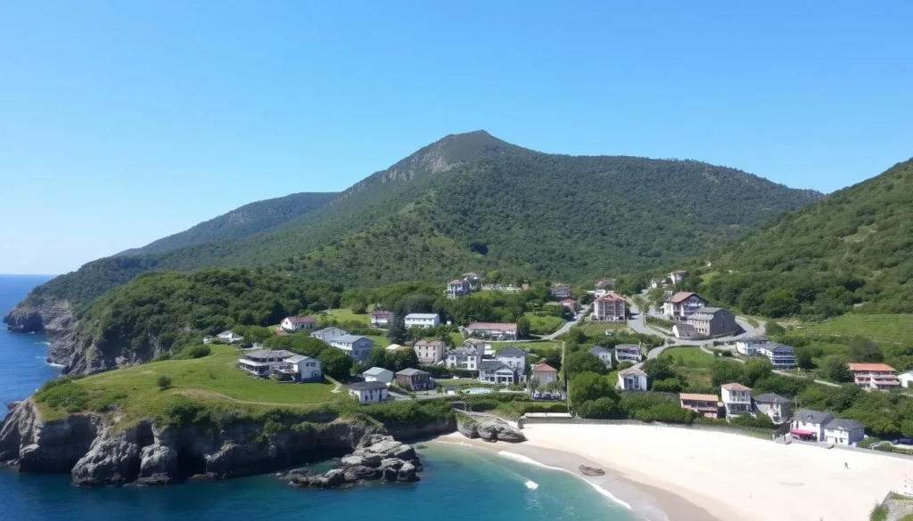 Scenic coastal village with pristine beach and lush green hills