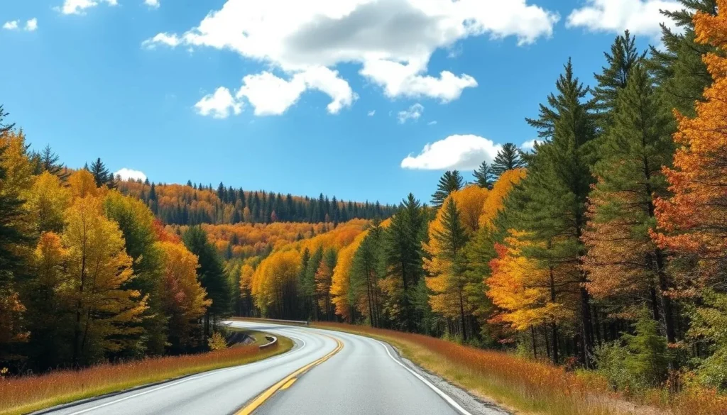 Scenic country road in St. Lawrence County with forests on both sides Scenic country road in St. Lawrence County with forests on both sides