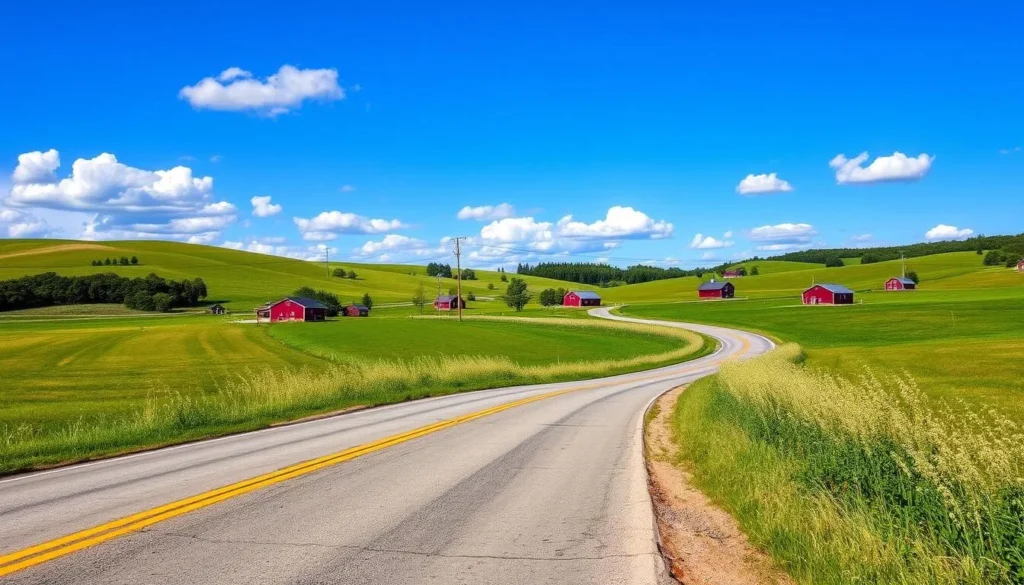 Scenic country road in Wyoming County, New York with rolling hills and farmland Scenic country road in Wyoming County, New York with rolling hills and farmland