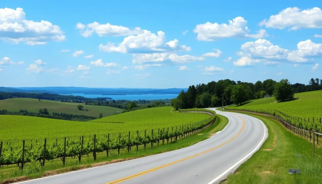 Scenic country road in Yates County with vineyards on rolling hills and Keuka Lake in the distance Scenic country road in Yates County with vineyards on rolling hills and Keuka Lake in the distance