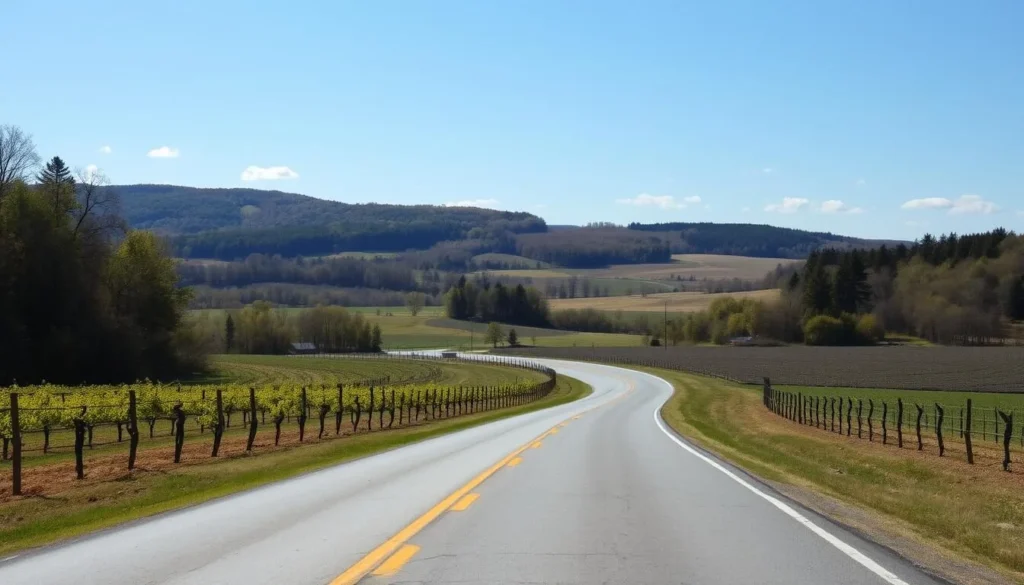 Scenic country road winding through Cayuga County farmland and vineyards Scenic country road winding through Cayuga County farmland and vineyards