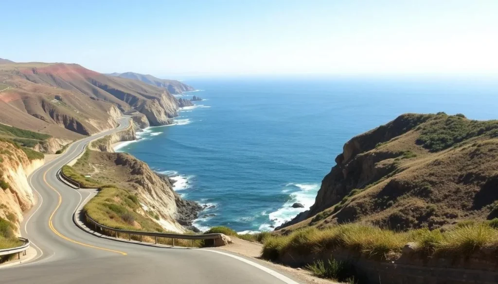 Scenic drive along Highway 1 in San Luis Obispo County with ocean views Scenic drive along Highway 1 in San Luis Obispo County with ocean views