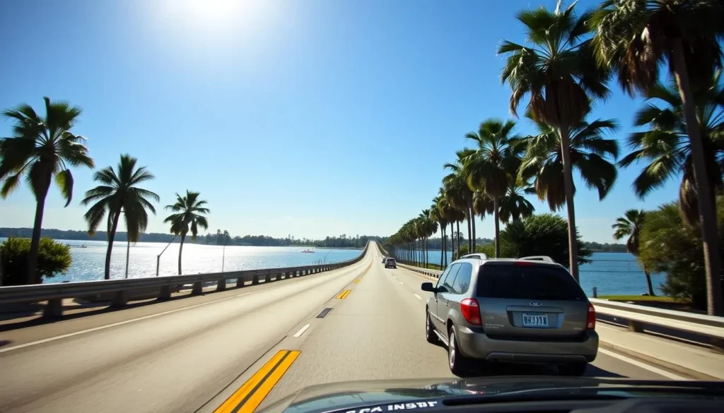 Scenic drive along Lake County's Howey Bridge with water views and palm trees Scenic drive along Lake County's Howey Bridge with water views and palm trees
