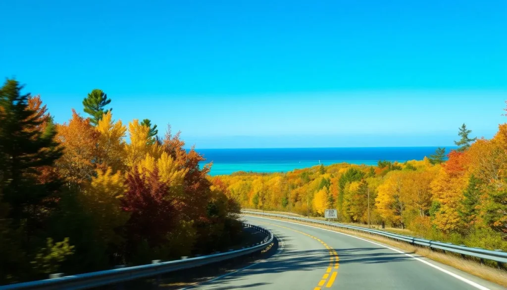 Scenic drive along M-22 highway in Traverse City Michigan with Lake Michigan views and fall foliage Scenic drive along M-22 highway in Traverse City Michigan with Lake Michigan views and fall foliage