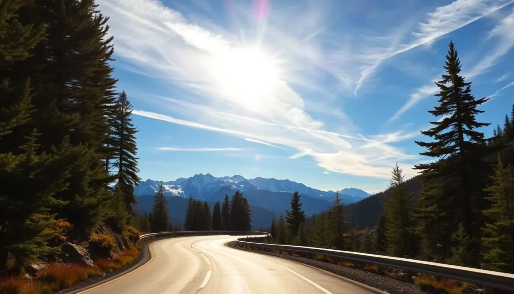 Scenic drive along a winding mountain road, framed by towering pines and snow-capped peaks in the distance. The sun casts a warm glow, illuminating the lush, verdant foliage and creating long, dramatic shadows. Wispy clouds drift lazily across a brilliant blue sky. The road snakes through the rugged landscape, inviting the viewer to explore further. Capture this tranquil, picturesque moment with a wide-angle lens, focusing on the harmonious interplay of natural elements.