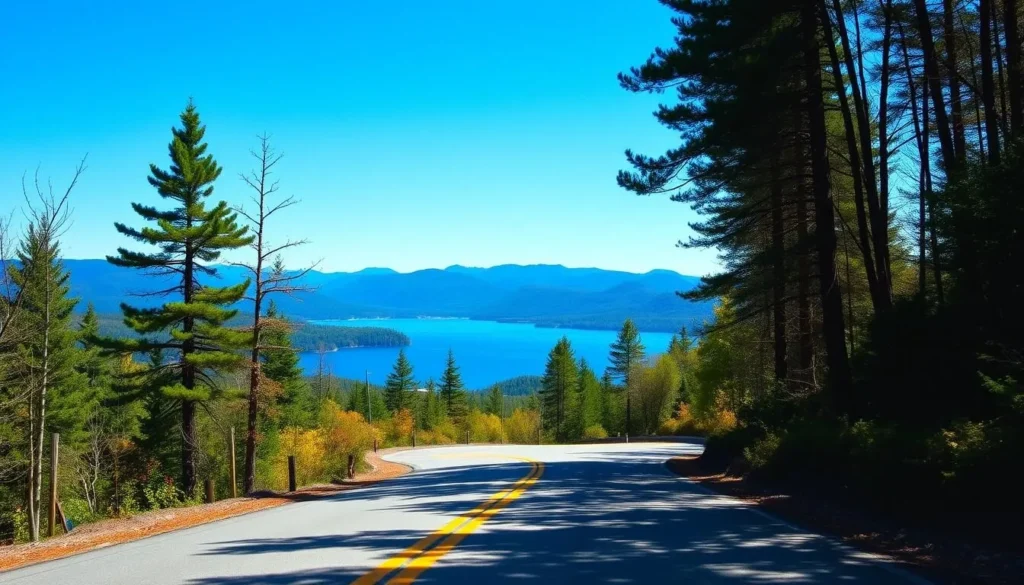 Scenic drive approaching Lake Winnipesaukee with mountains in the background and lake views Scenic drive approaching Lake Winnipesaukee with mountains in the background and lake views