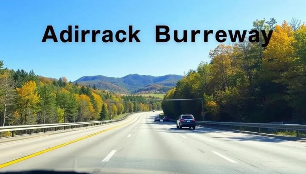 Scenic drive on the Adirondack Northway (I-87) in Warren County, NY with mountains in the background Scenic drive on the Adirondack Northway (I-87) in Warren County, NY with mountains in the background