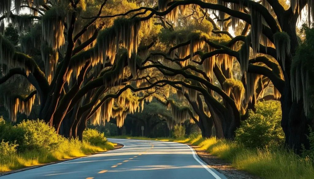 Scenic drive through Clay County Florida with Spanish moss-draped oak trees, highlighting the beauty of traveling between things to do in the area Scenic drive through Clay County Florida with Spanish moss-draped oak trees, highlighting the beauty of traveling between things to do in the area