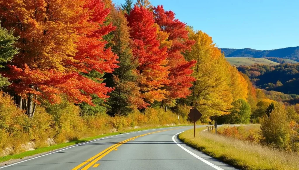 Scenic drive through Delaware County New York showing a winding road through autumn foliage in the Catskill Mountains Scenic drive through Delaware County New York showing a winding road through autumn foliage in the Catskill Mountains