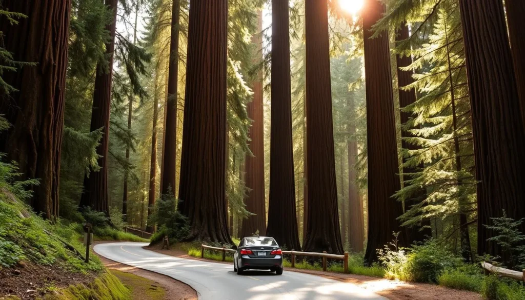 Scenic drive through redwood forest on Howland Hill Road in Jedediah Smith Redwoods State Park Scenic drive through redwood forest on Howland Hill Road in Jedediah Smith Redwoods State Park