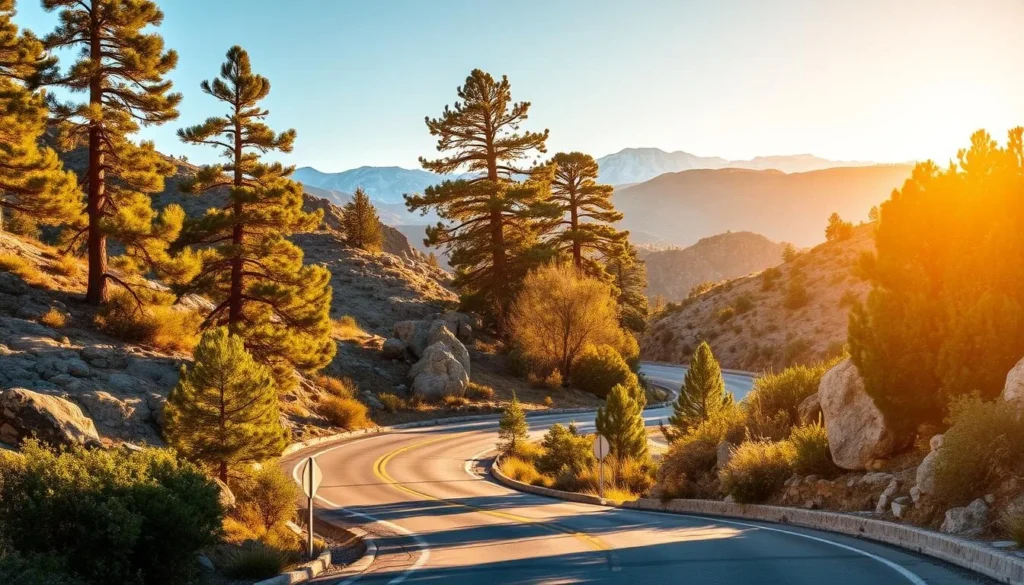 Scenic drive through the winding Tehachapi Mountains in California. A curving road cuts through the rugged, rolling landscape, flanked by towering pine trees and dotted with granite outcroppings. Warm afternoon sunlight filters through the foliage, casting a golden glow over the scene. In the distance, the snow-capped peaks of the mountain range rise majestically against a clear blue sky. The atmosphere is serene and tranquil, inviting the viewer to slow down and savor the beauty of the natural surroundings.