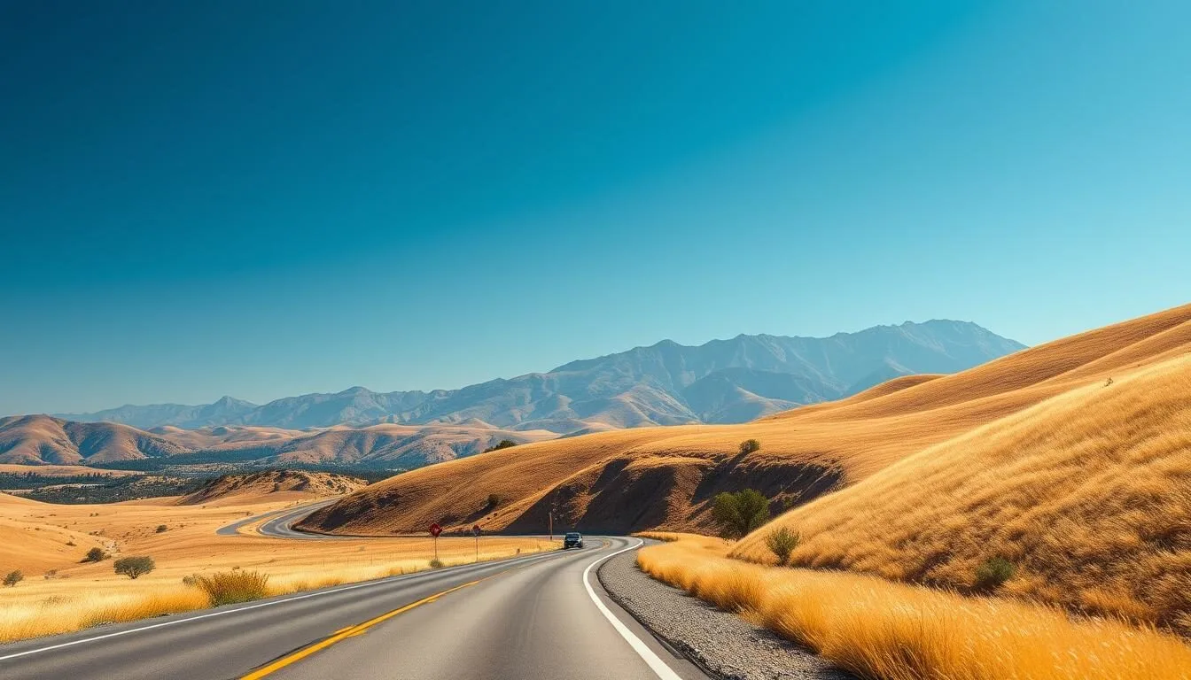Scenic highway leading to Mariposa County with mountains in the background