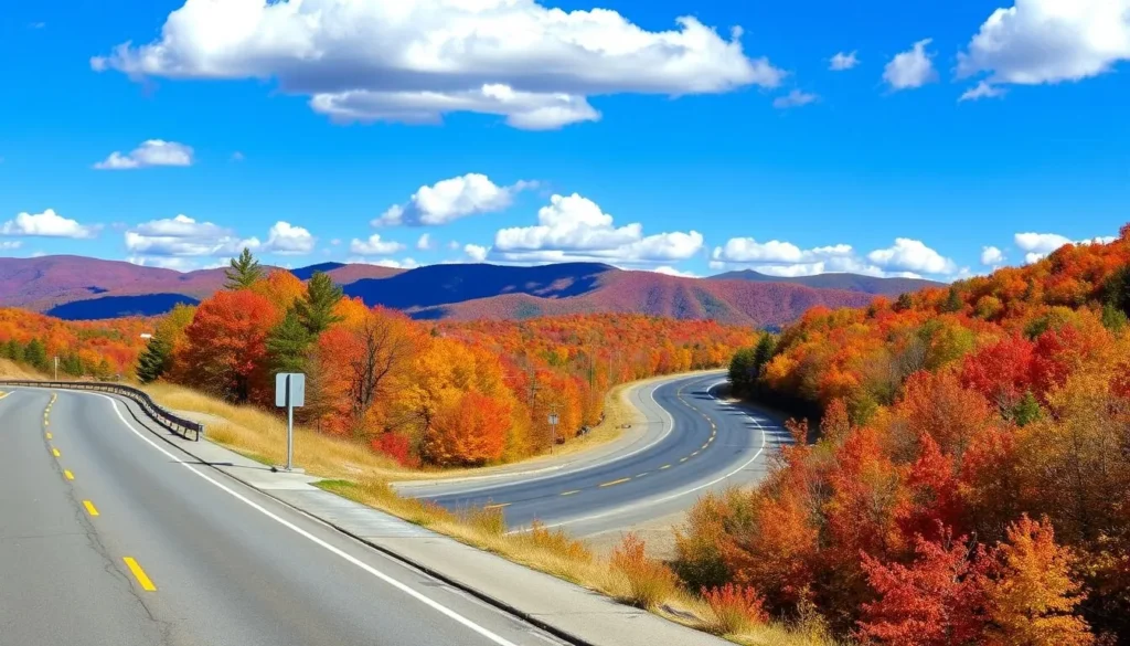 Scenic highway through Herkimer County with mountains in the background and colorful autumn foliage Scenic highway through Herkimer County with mountains in the background and colorful autumn foliage