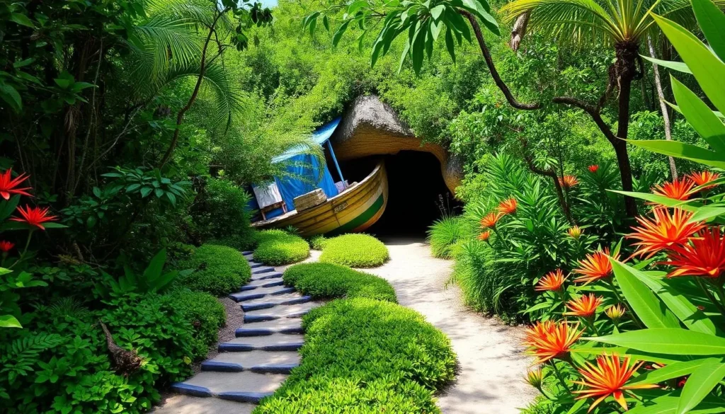 Scenic hiking trail leading to Garden Cave on San Salvador Island, Bahamas, surrounded by lush vegetation