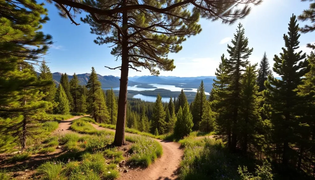 Scenic hiking trails wind through lush, verdant forests surrounding the serene waters of Antelope Lake. Sunlight filters through the canopy, casting a warm glow on the winding paths. In the foreground, a well-maintained trail invites hikers to explore the area, with towering pine trees and colorful wildflowers lining the way. The middle ground reveals a panoramic view of the lake, its surface reflecting the surrounding mountains and forests. In the distance, rugged peaks rise majestically, creating a breathtaking backdrop for this idyllic outdoor setting. Capture the essence of this peaceful, natural haven, perfect for hiking and wildlife viewing.