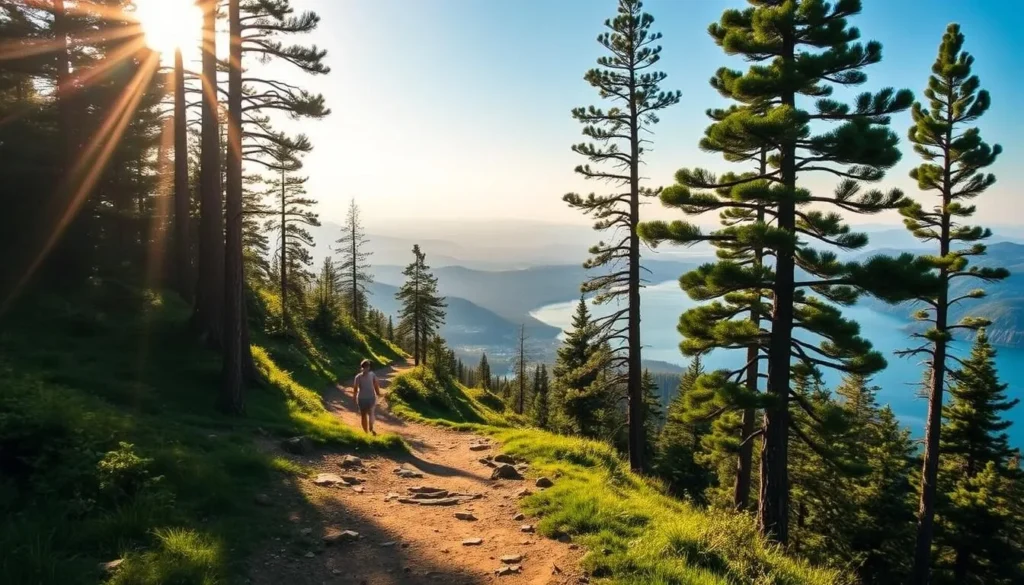 Scenic hiking trails winding through a lush, verdant landscape. Sunlight filters through the canopy of towering pine trees, casting a warm, golden glow across the path. In the foreground, a well-maintained trail invites exploration, dotted with natural obstacles and gentle inclines. The middle ground reveals a panoramic view of rolling hills and distant mountain peaks, shrouded in a soft, hazy atmosphere. The background showcases a pristine alpine lake, its crystal-clear waters reflecting the surrounding wilderness. An idyllic, peaceful scene that captures the essence of an outdoor adventure in Lake O'Neill, California.