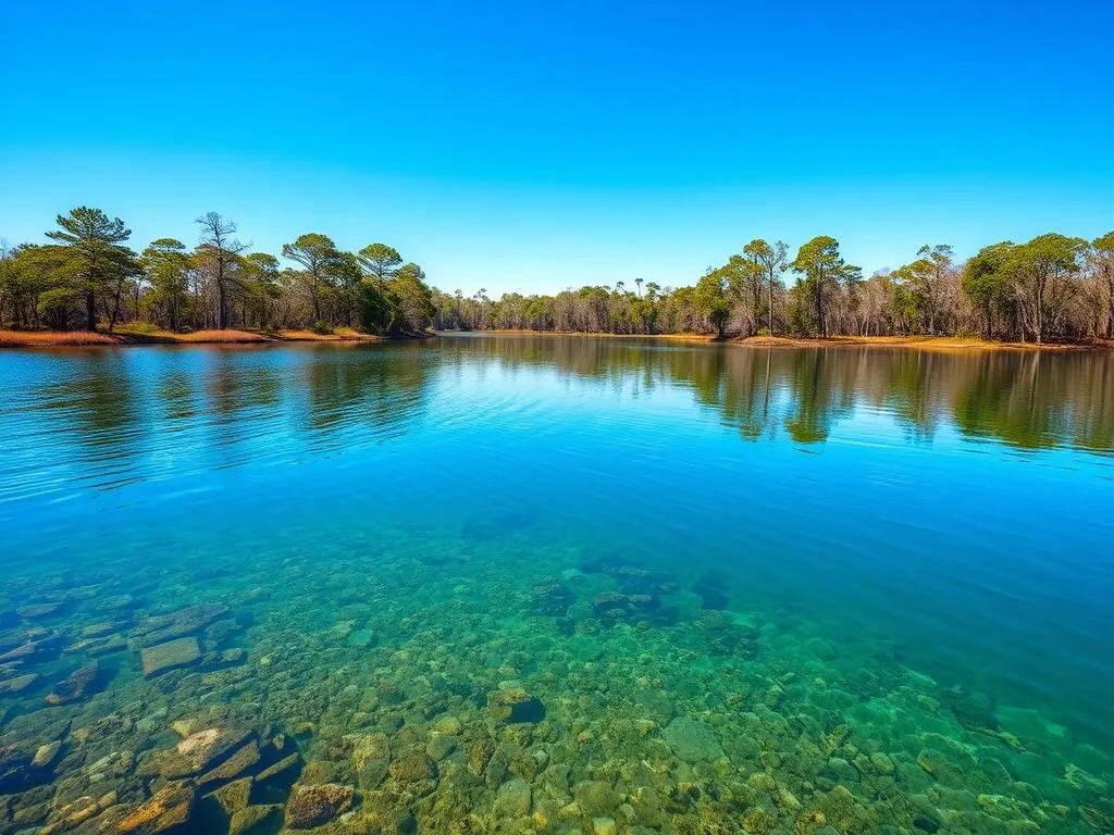 Scenic lake view at Weeki Wachee Preserve in Hernando County with cypress trees Scenic lake view at Weeki Wachee Preserve in Hernando County with cypress trees