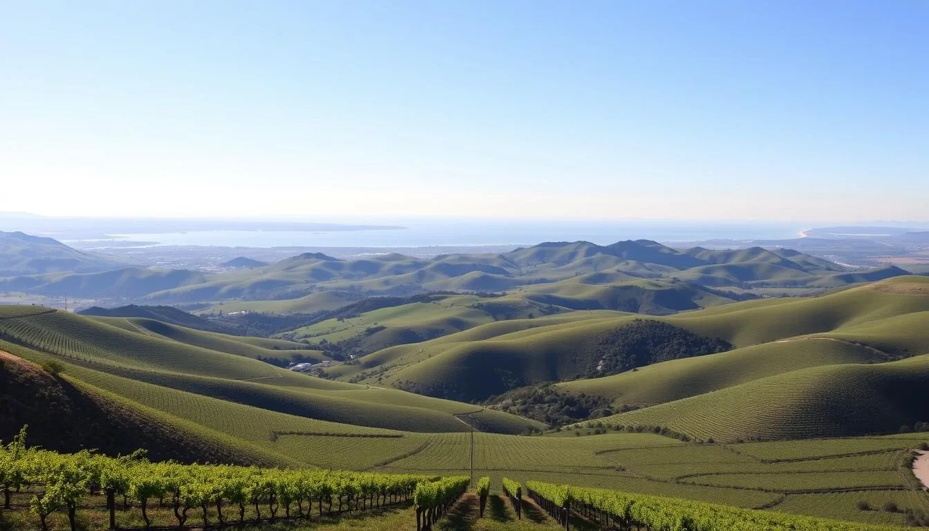Scenic landscape of Solano County, California showing rolling hills and vineyards on a sunny day