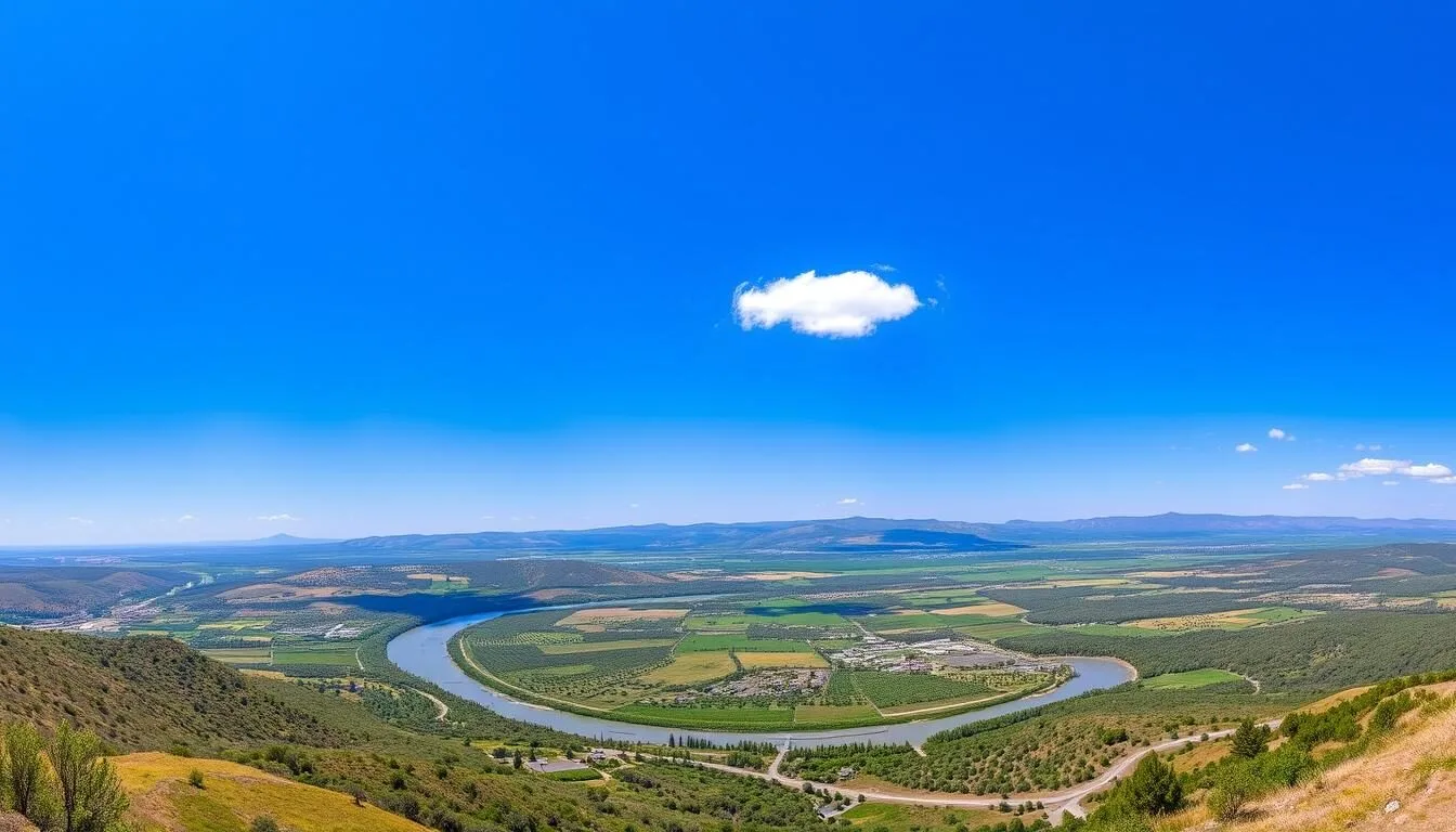 Scenic landscape of Tehama County, California showing the Sacramento River with mountains in the background