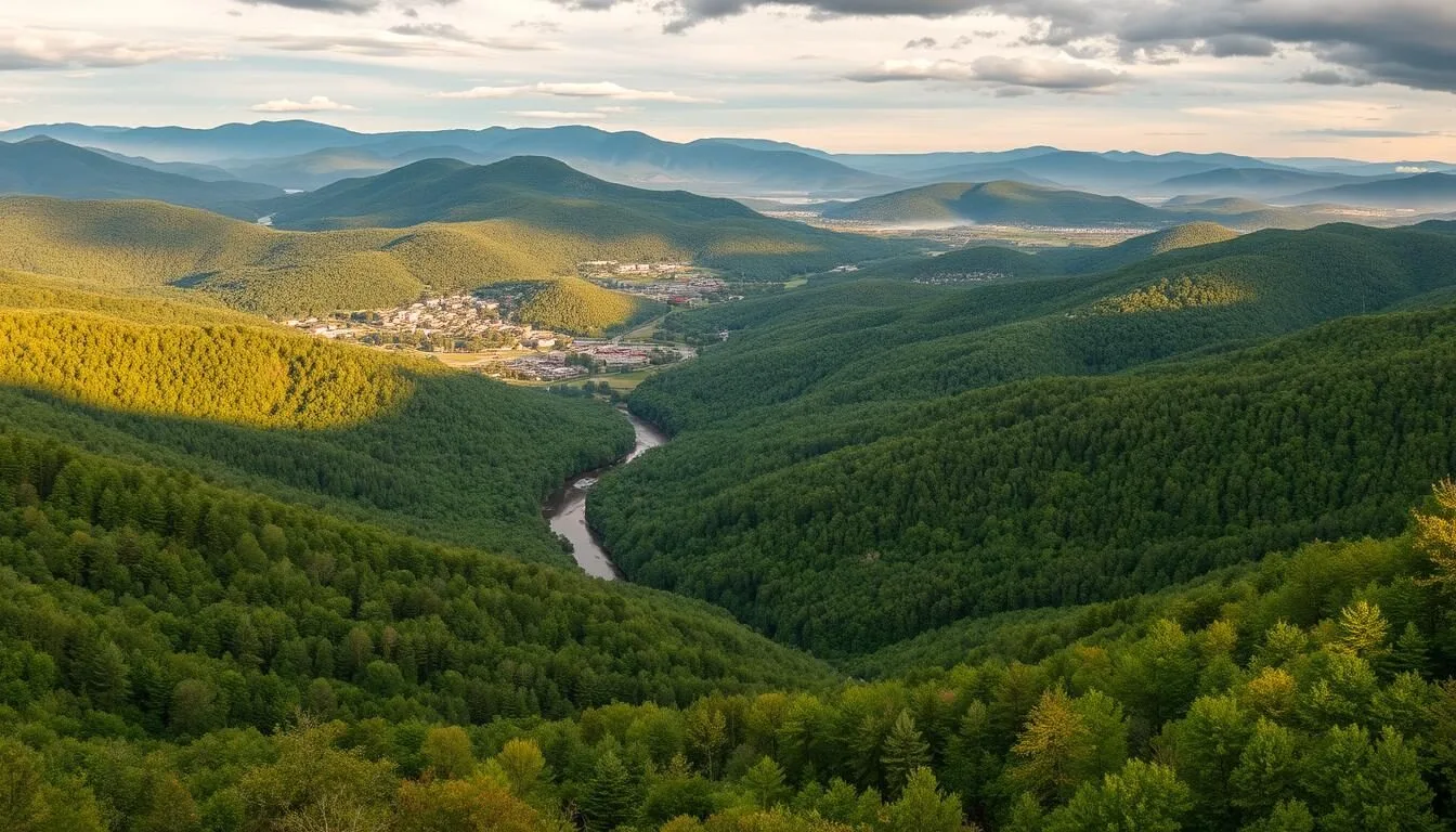 Scenic landscape view of Delaware County, New York showing rolling mountains of the Great Western Catskills with lush forests and a winding river