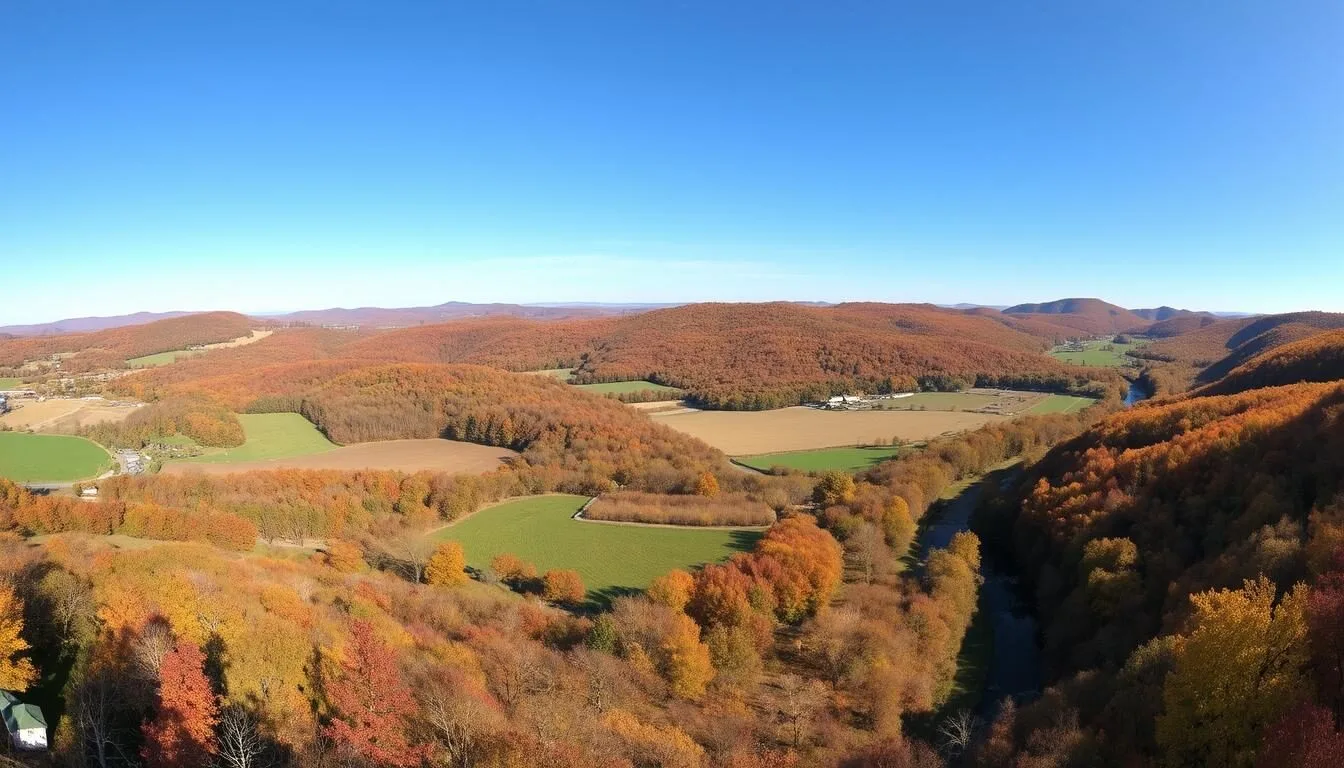 Scenic landscape view of Schoharie Valley in autumn with colorful foliage and rolling hills
